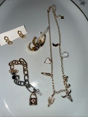 True Religion Gold-Tone Charm Necklace & Bracelet Set with Crystal Accents